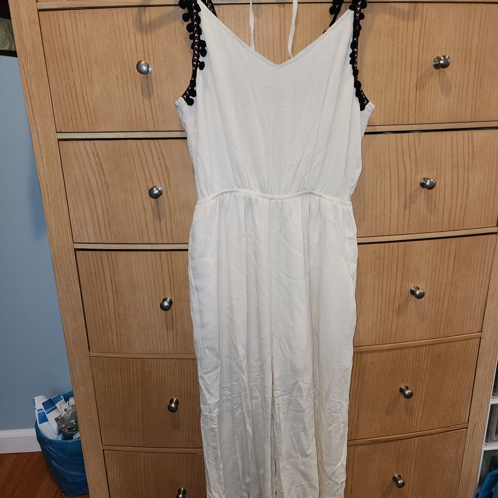 White Maxi Jumper with Black Pom Pom Straps